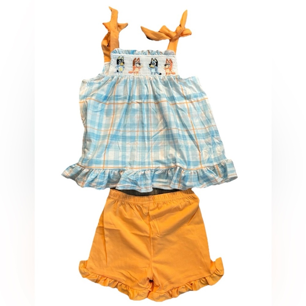Blue Dog Character Smocked Boutique Outfit Toddler  Embroidered Embroidery Plaid